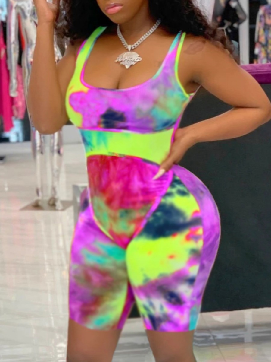 

Lovely Street U Neck Tie-dye Purple One-piece Romper