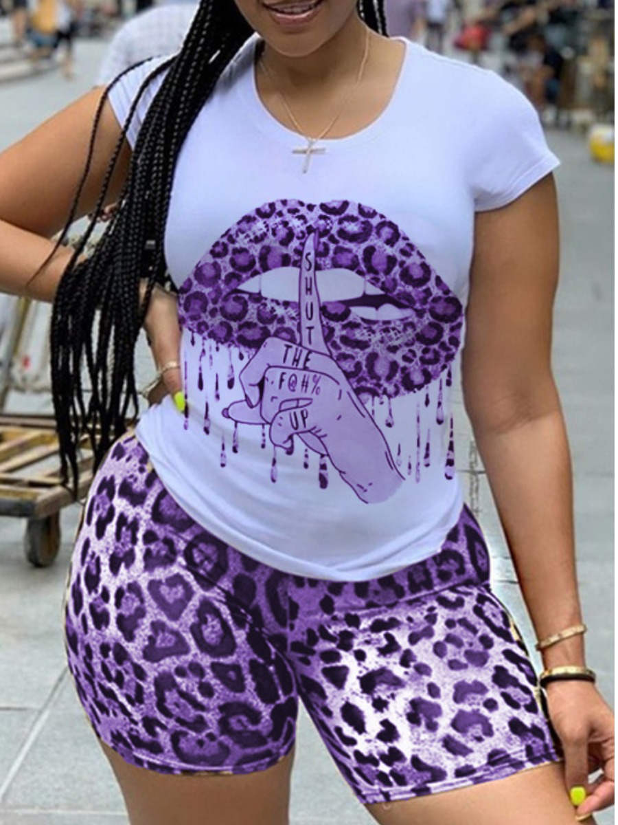 

Lovely Street Leopard Lip Print Purple Two Piece Shorts Set