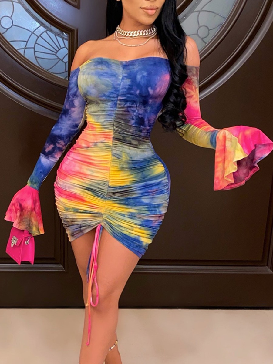 

Lovely Sweet Off The Shoulder Tie-dye Flared Multicolor Mini Dress, Multi