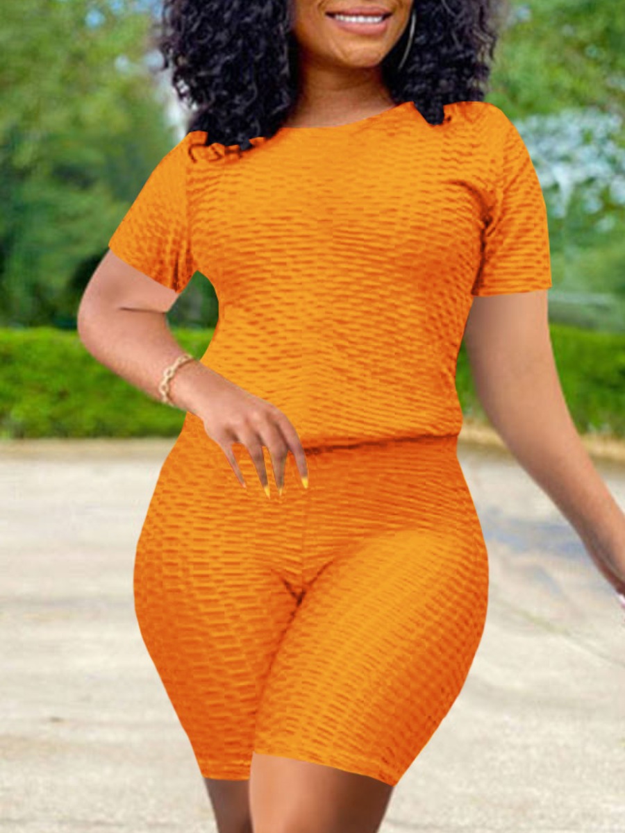 

LW Sportswear O Neck Elastic Orange Yoga Two Piece Shorts Set
