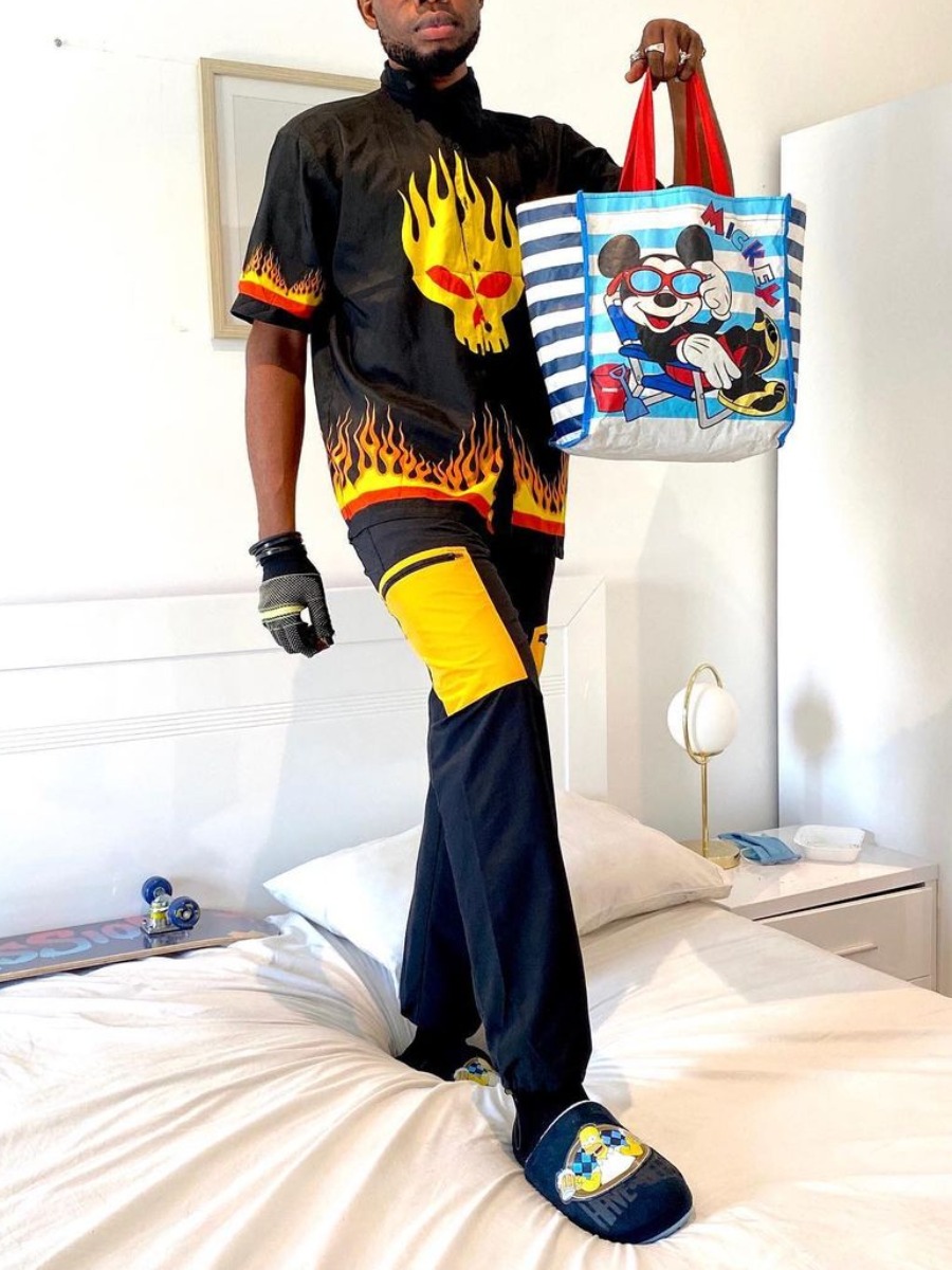 

Lovely Men Street Flame Print Patchwork Black Two Piece Pants Set