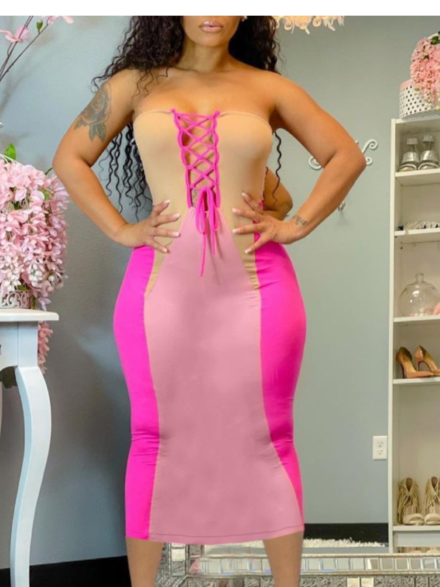 

Lovely Sexy Off The Shoulder Bandage Hollow-out Design Pink Mid Calf Dress