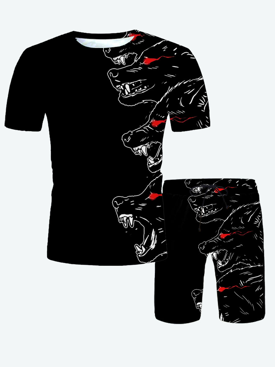 

Lovely Men Street O Neck Animal Print Black Two Piece Shorts Set