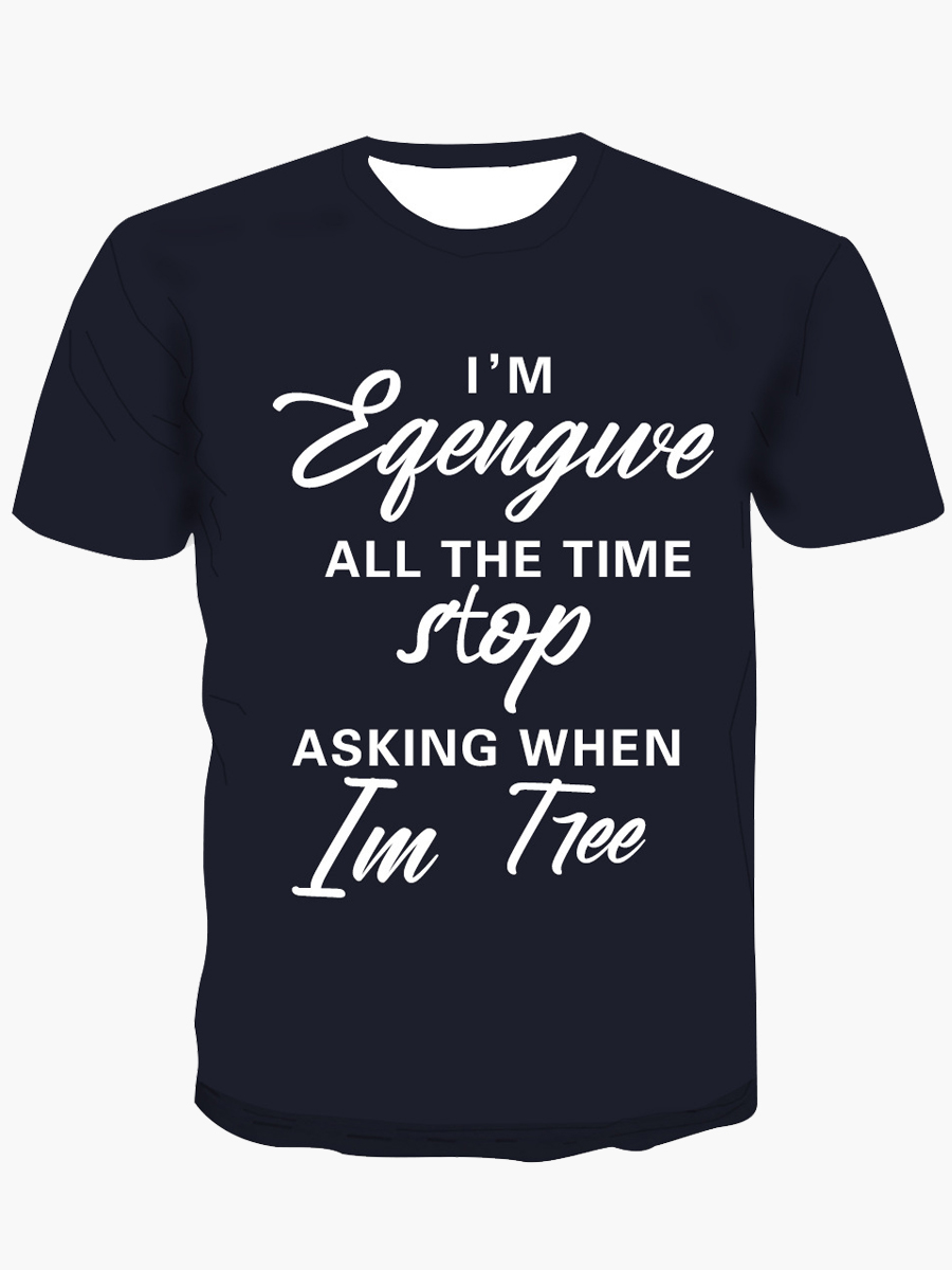 

Lovely Street O Neck Letter Print Deep Blue T-shirt