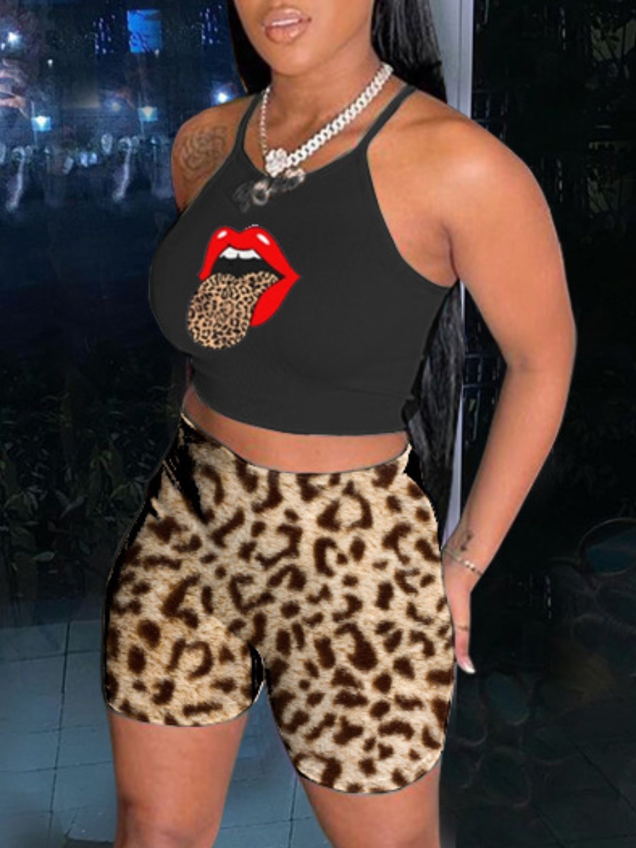 

Lovely Street Leopard Lip Print Black Two Piece Shorts Set