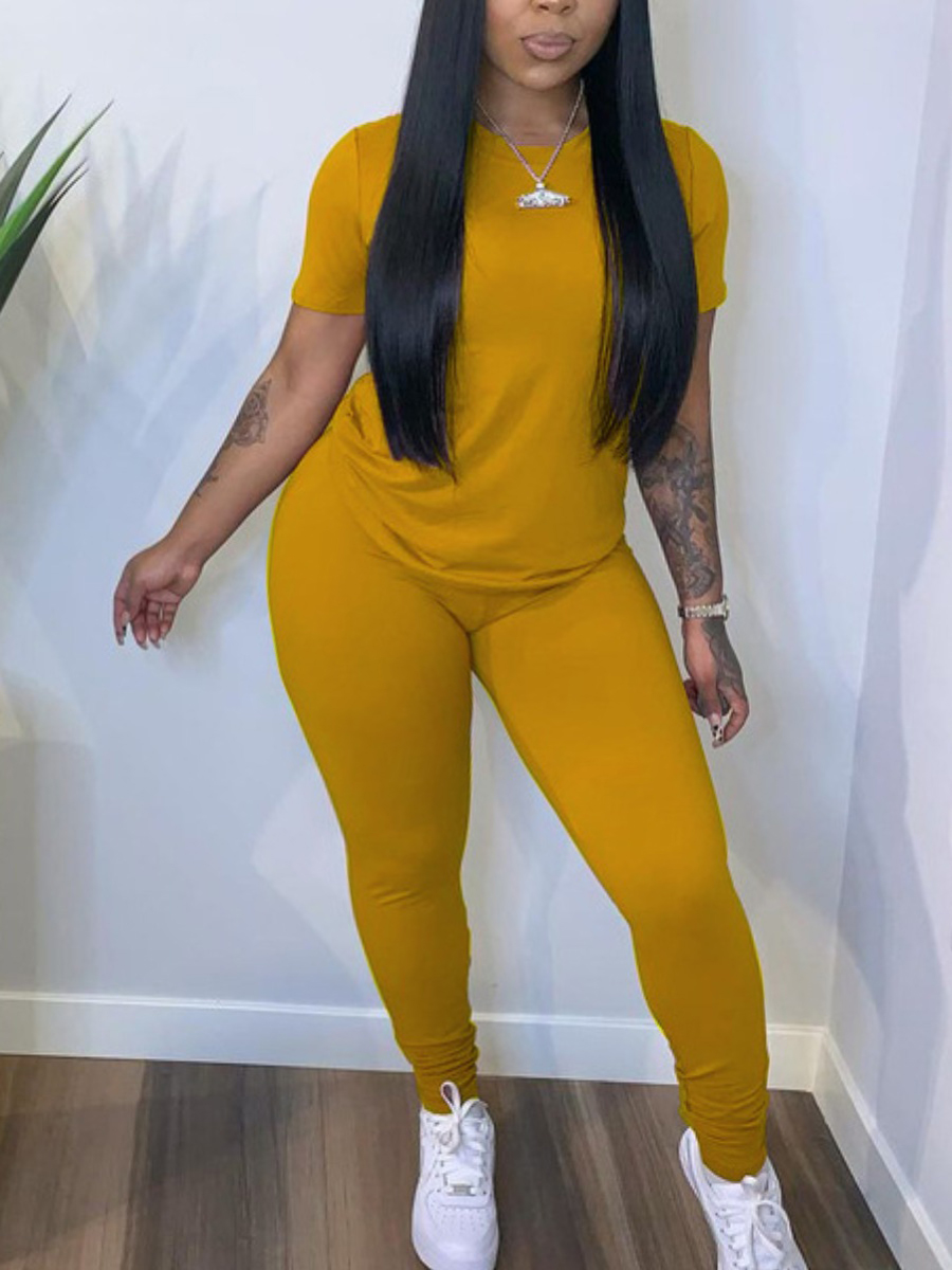 

Lovely Plus Size Casual O Neck Elastic Yellow Two-piece Pants Set