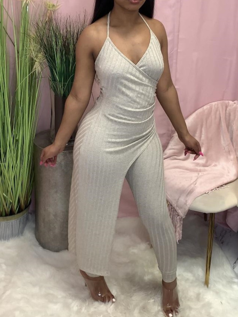 

Lovely Casual Backless Cross-over Design Grey One-piece Jumpsuit