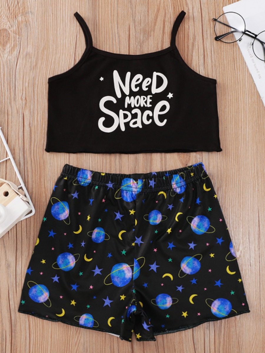 

Lovely Girl Casual Letter Star Print Black Two Piece Shorts Set