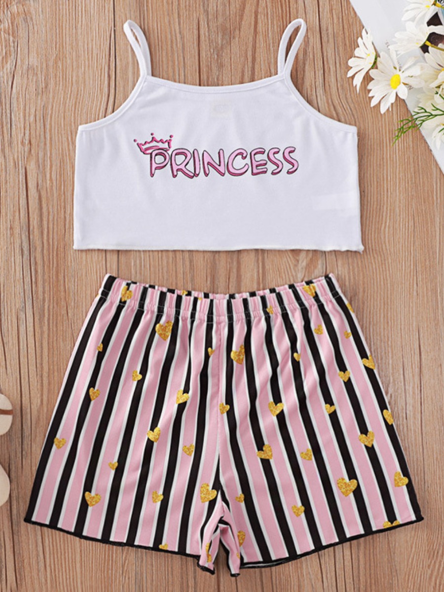 

Lovely Girl Casual Letter Print Striped White Two Piece Shorts Set