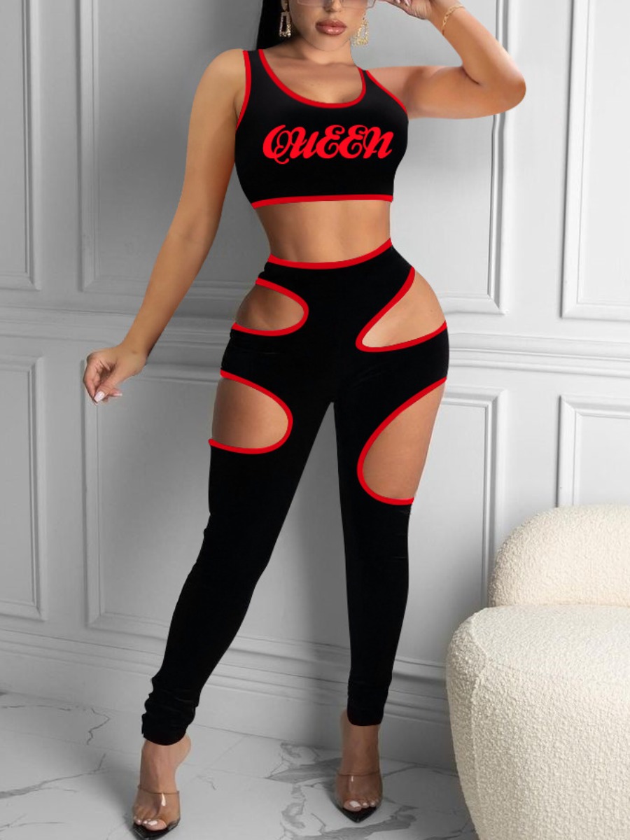 

Lovely Street Letter Print Hollow-out Black Two Piece Pants Set