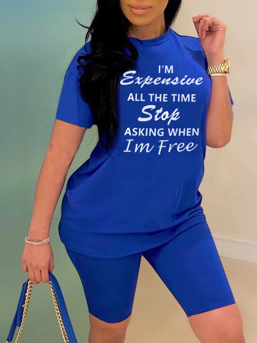 

LW Casual O Neck Letter Print Blue Two Piece Shorts Set