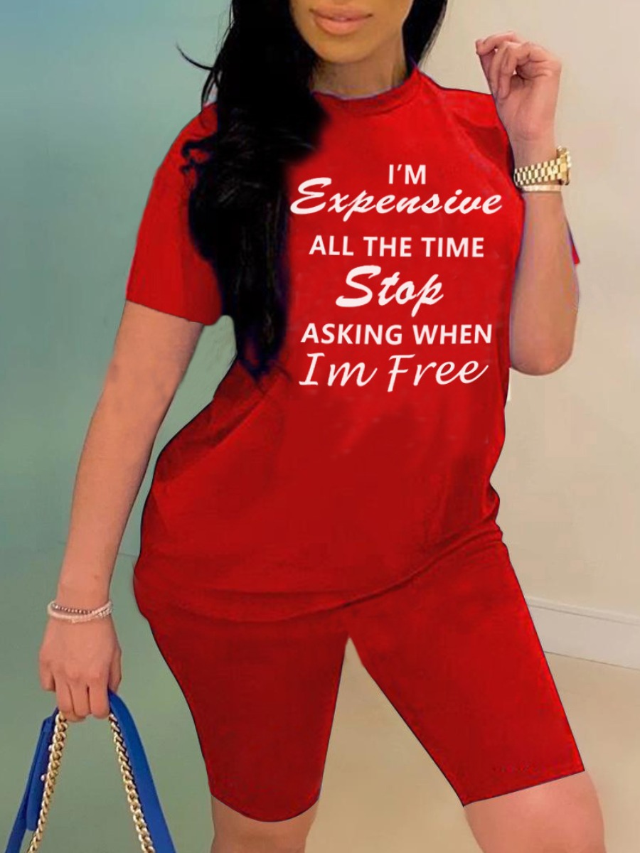 

Lovely Casual O Neck Letter Print Red Two Piece Shorts Set