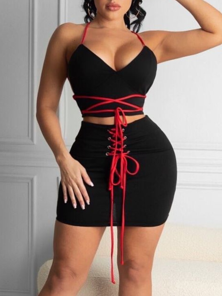 

Lovely Sexy Bandage Design Black Two Piece Skirt Set