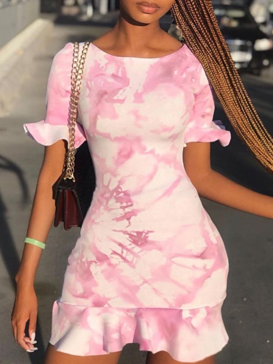 

Lovely Sweet Tie-dye Flounce Design Pink Mini Dress