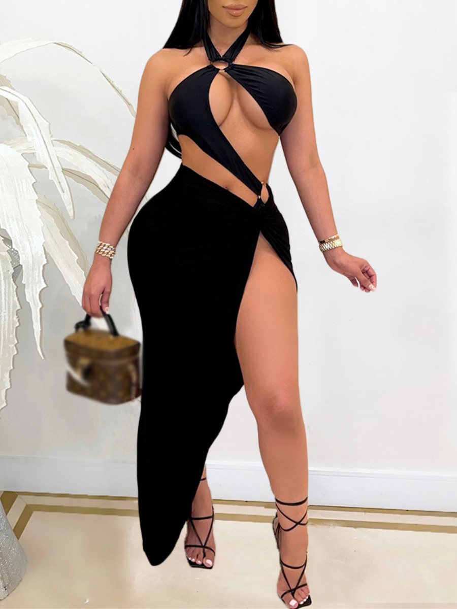 

Lovely Sexy Hollow-out Asymmetrical Black Two Piece Skirt Set