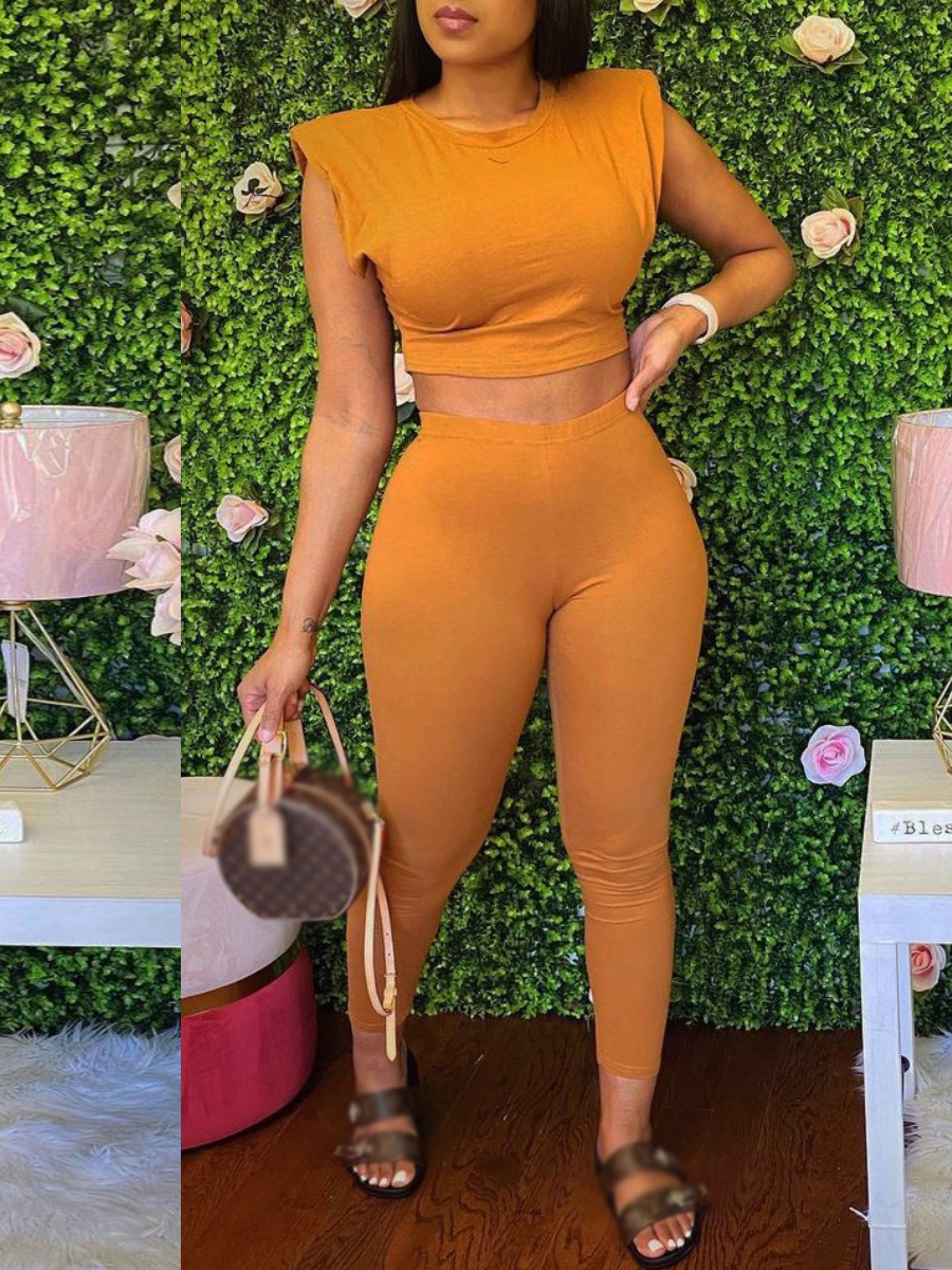

Lovely Casual O Neck Yellow Two Piece Pants Set