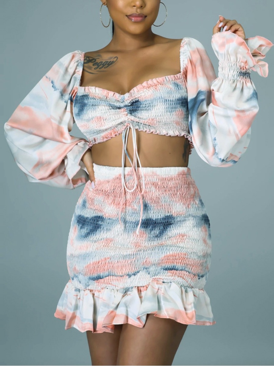 Lovely Sweet Tie Dye Flounce Design Pink Two Piece Skirt Set