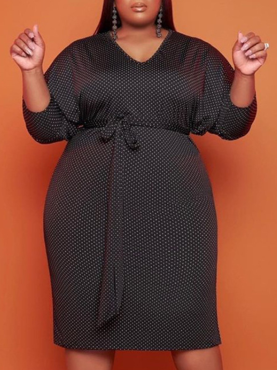

Lovely Plus Size Casual Dot Print Bandage Design Black Knee Length Dress