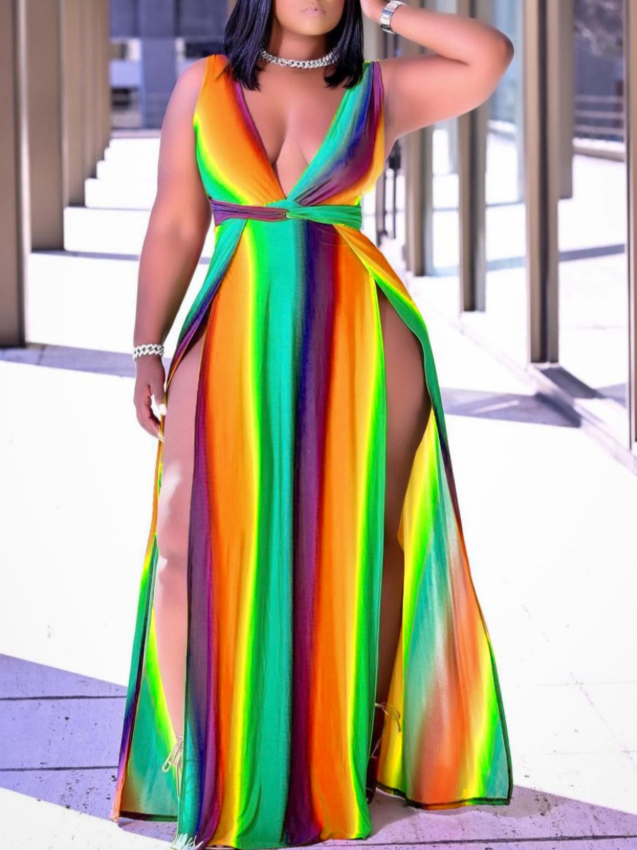 

Lovely Boho Rainbow Stripe Split Multicolor Floor Length A Line Dress, Multicolor mstn