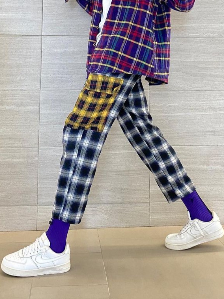 

Lovely Men Casual Mid Waist Plaid Print Pants, Black