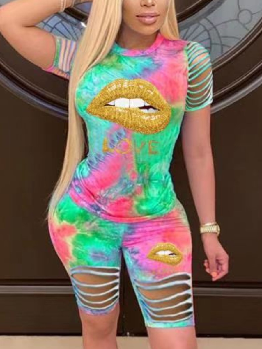 

LW Casual Lip Print Tie Dye Ripped Green Two Piece Shorts Set