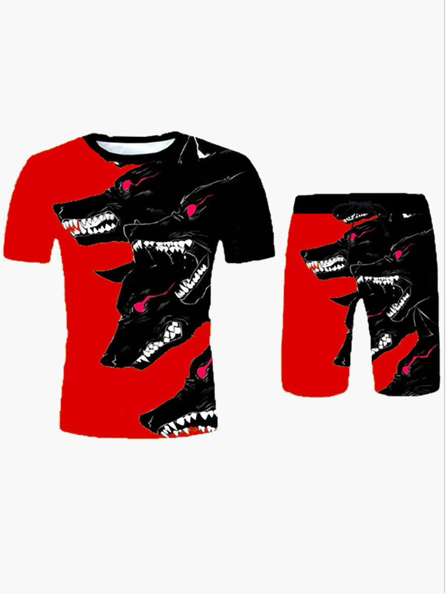 

Lovely Men Street Animal Print Patchwork Red Two Piece Shorts Set