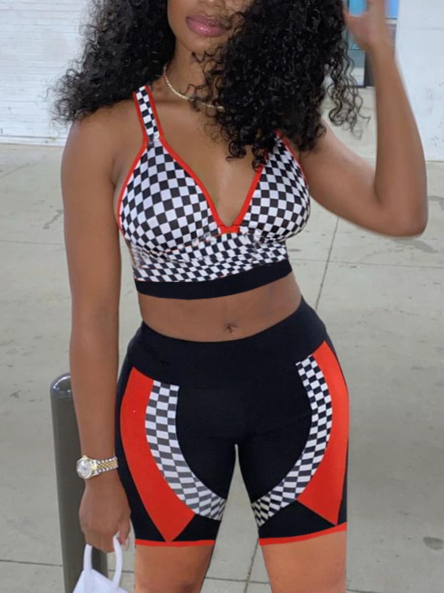 

LW Sporty V Neck Plaid Print Black Two Piece Shorts Set