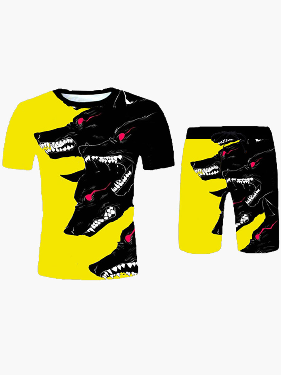 

Lovely Men Street Animal Print Patchwork Yellow Two Piece Shorts Set