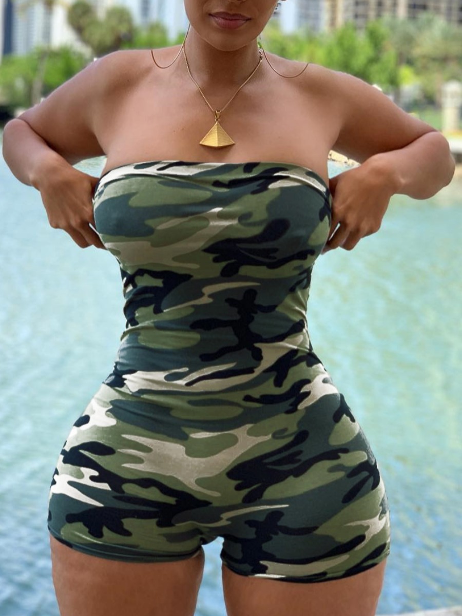 

Lovely Casual Off The Shoulder Camo Print Green one-piece Romper