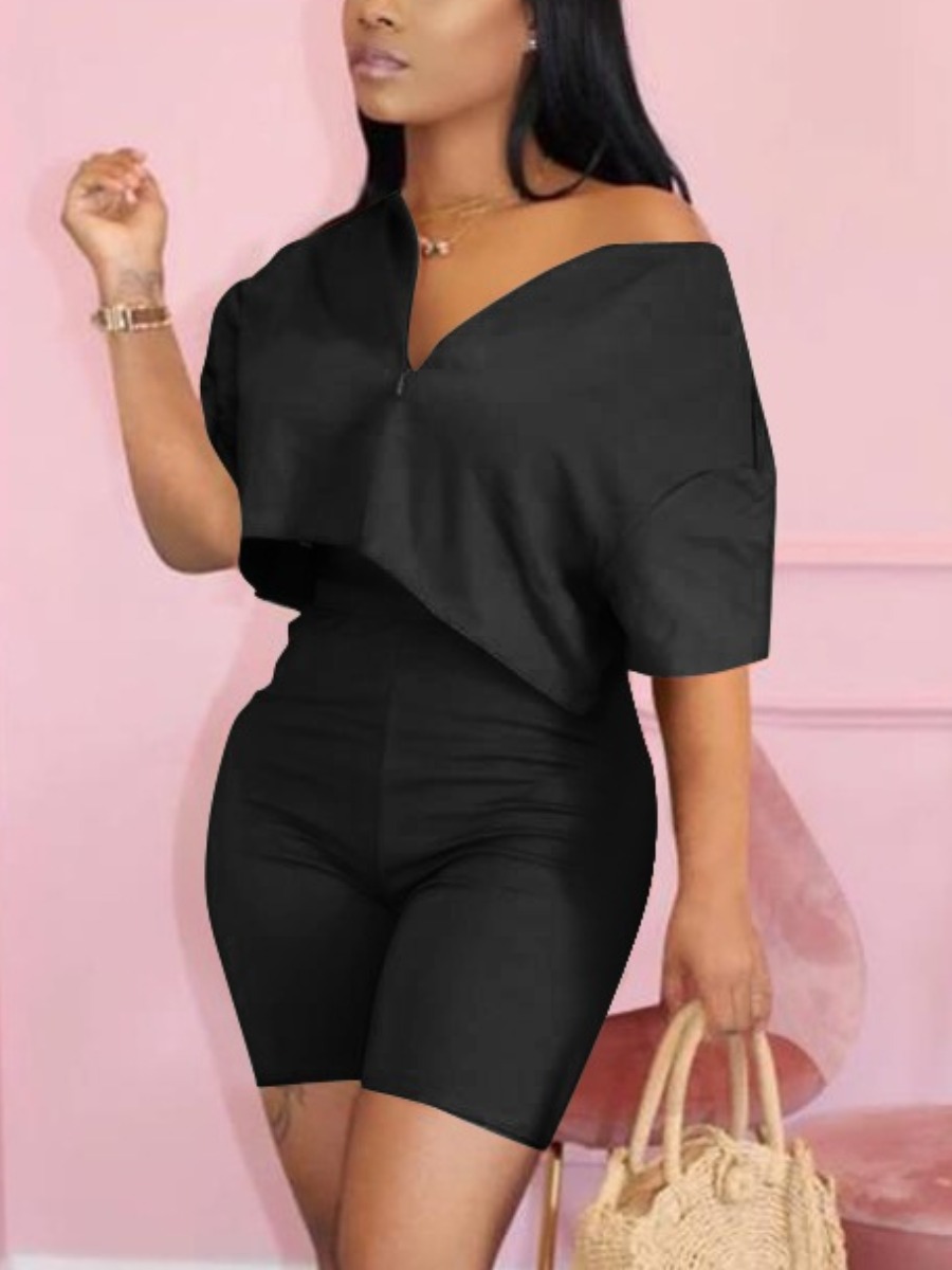 

Lovely Plus Size Casual V Neck Elastic Black Two-piece Shorts Set