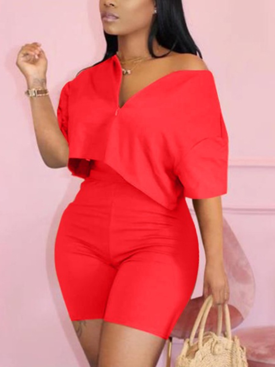 

Lovely Casual V Neck Elastic Red Plus Size Two-piece Shorts Set