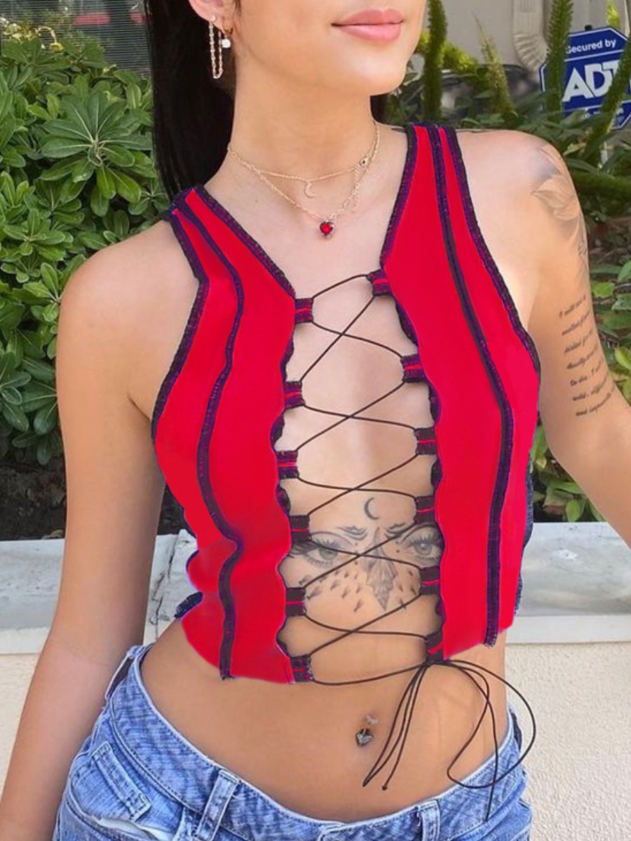 

Lovely Sexy Bandage Hollow -out Design Red Camisole