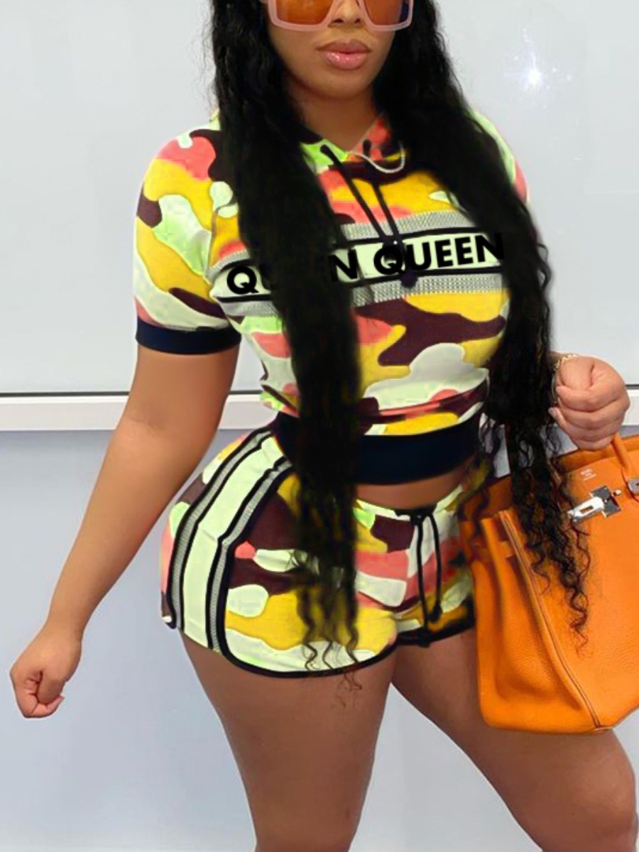 

Lovely Casual Letter Camo Print Orange Two Piece Shorts Set, Yellow