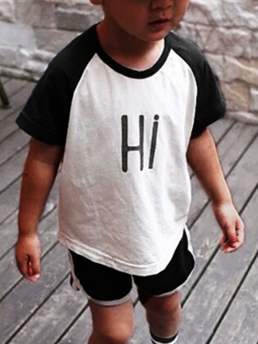 

Lovely Boy Sporty Letter Print Patchwork Black Two Piece Shorts Set