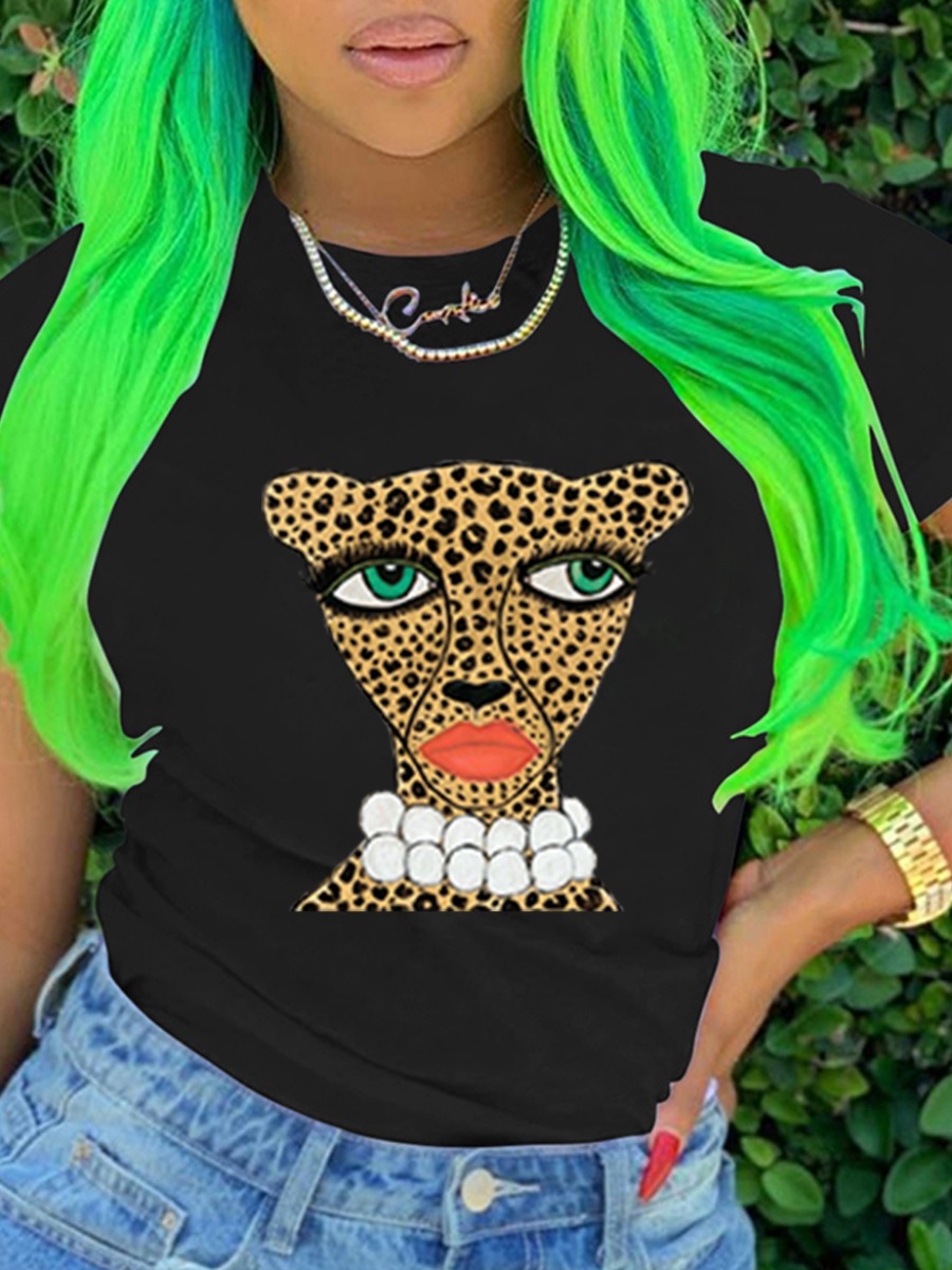 

Lovely Casual Animal Print Patchwork Black T-shirt