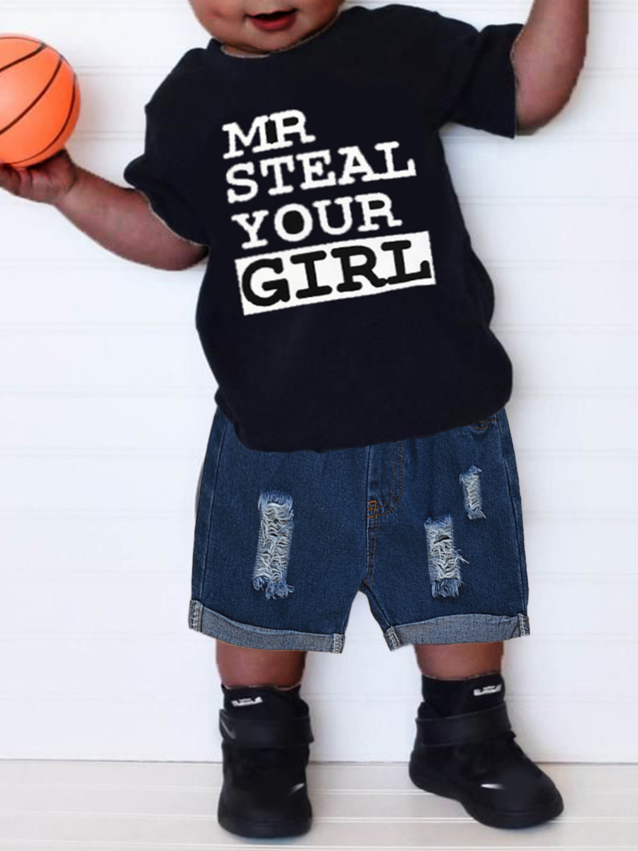 

Lovely Boy Casual Letter Print Ripped Black Two Piece Shorts Set