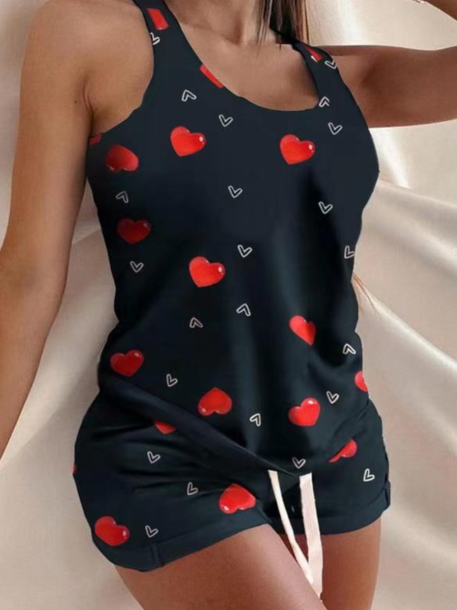 

Lovely Casual Heart-shaped Print Drawstring Black Plus Size Loungewear