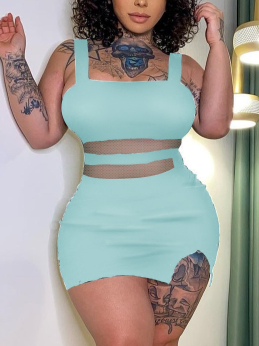 

Lovely Plus Size Chic See-through Patchwork Split Blue Mini Dress