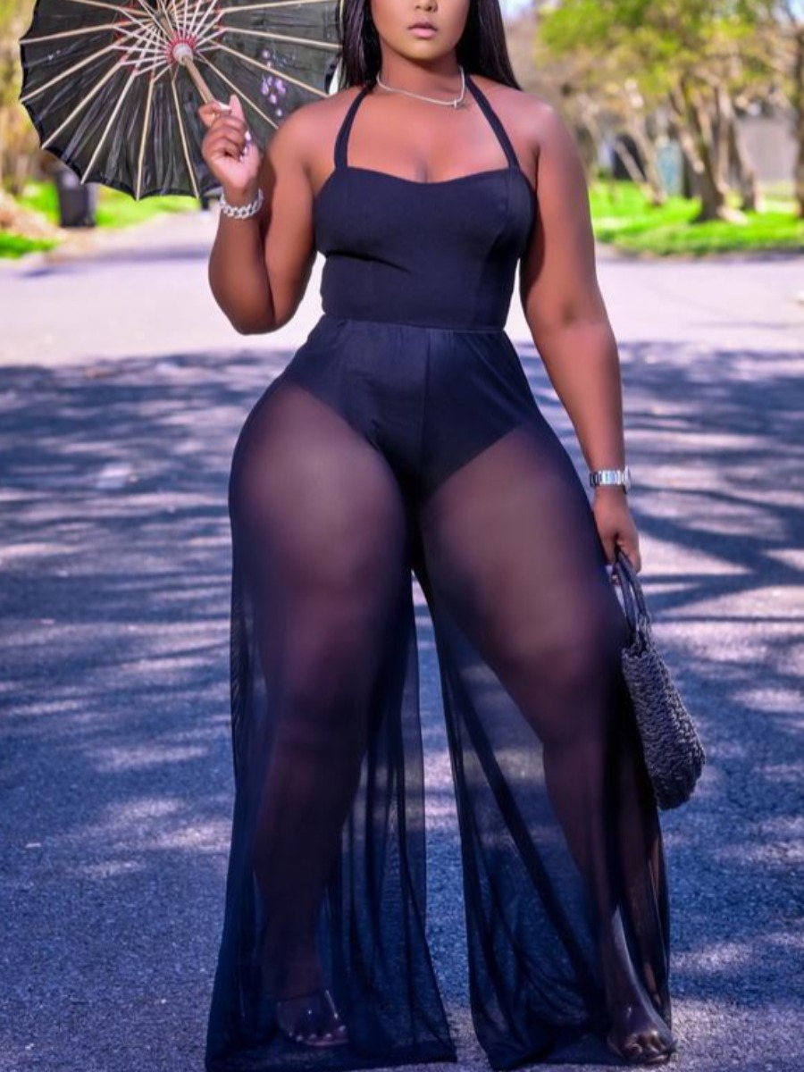 

Lovely Sexy See-through Elastic Black One-piece Jumpsuit
