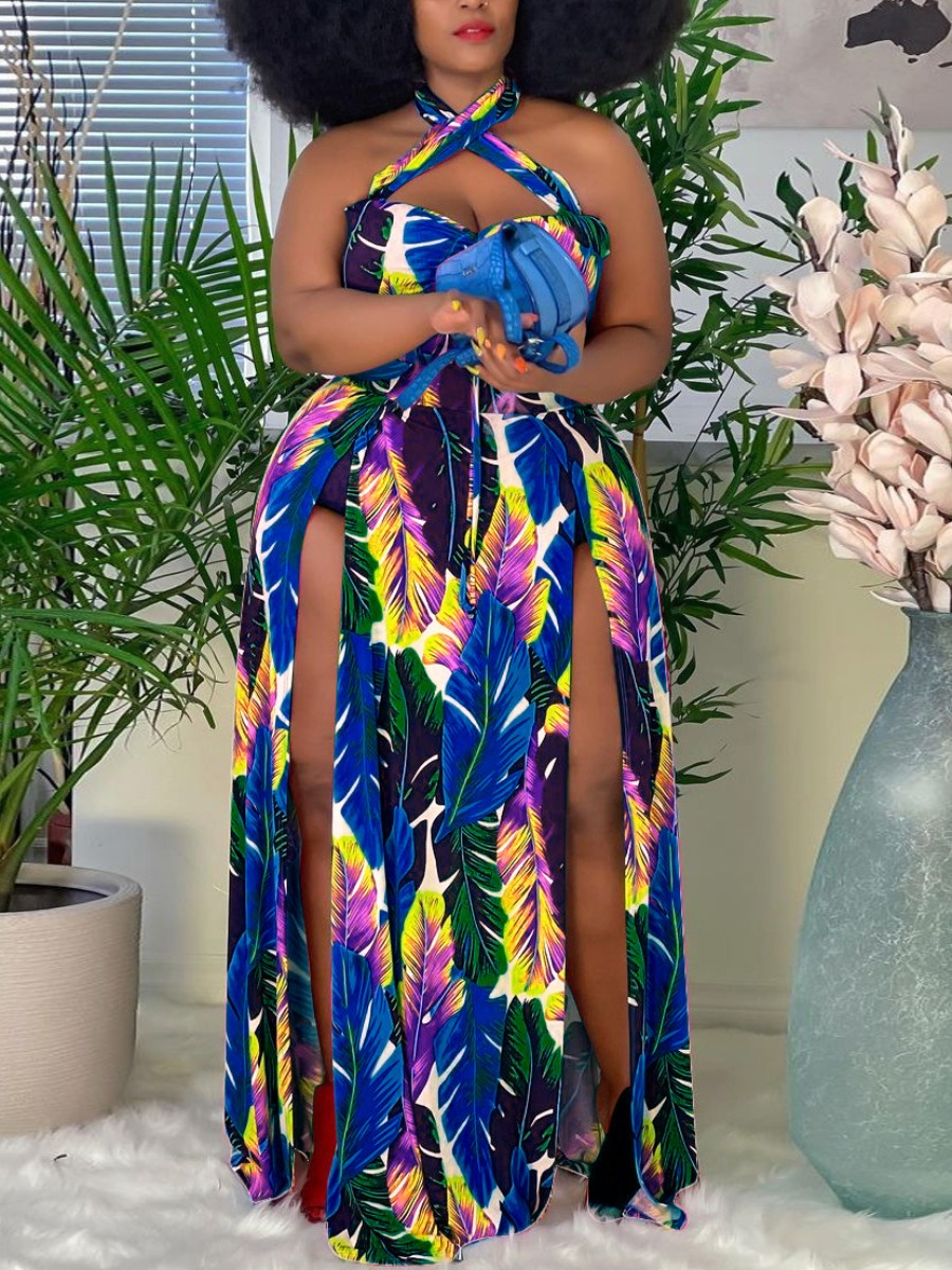 LovelyWholesale Plus Size Boho Floral Print High Split Blue Floor Length Dress Summer Sleeveless Vacation Basic Strapless  4X Spring Summer 2024