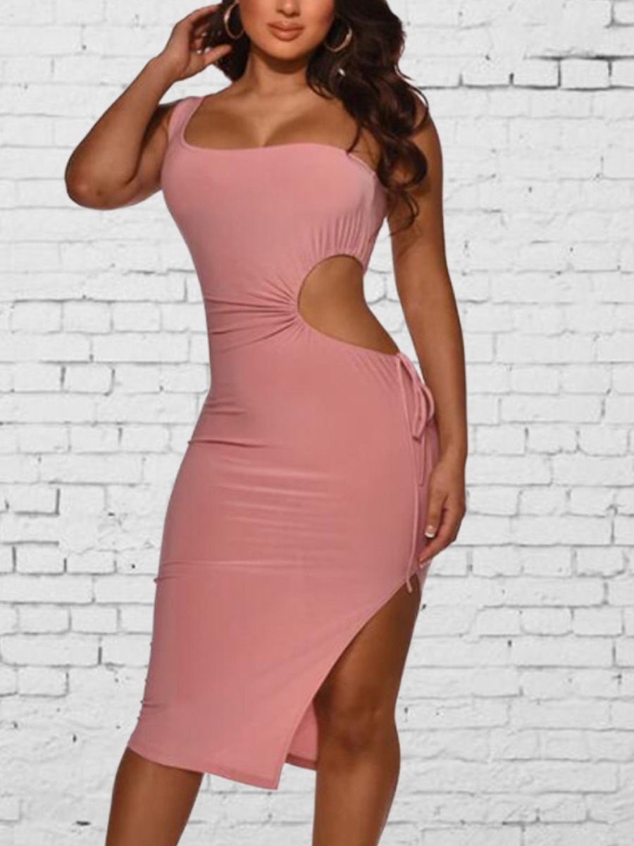 

Lovely Sexy One Shoulder Hollow-out Split Pink Knee Length Dress