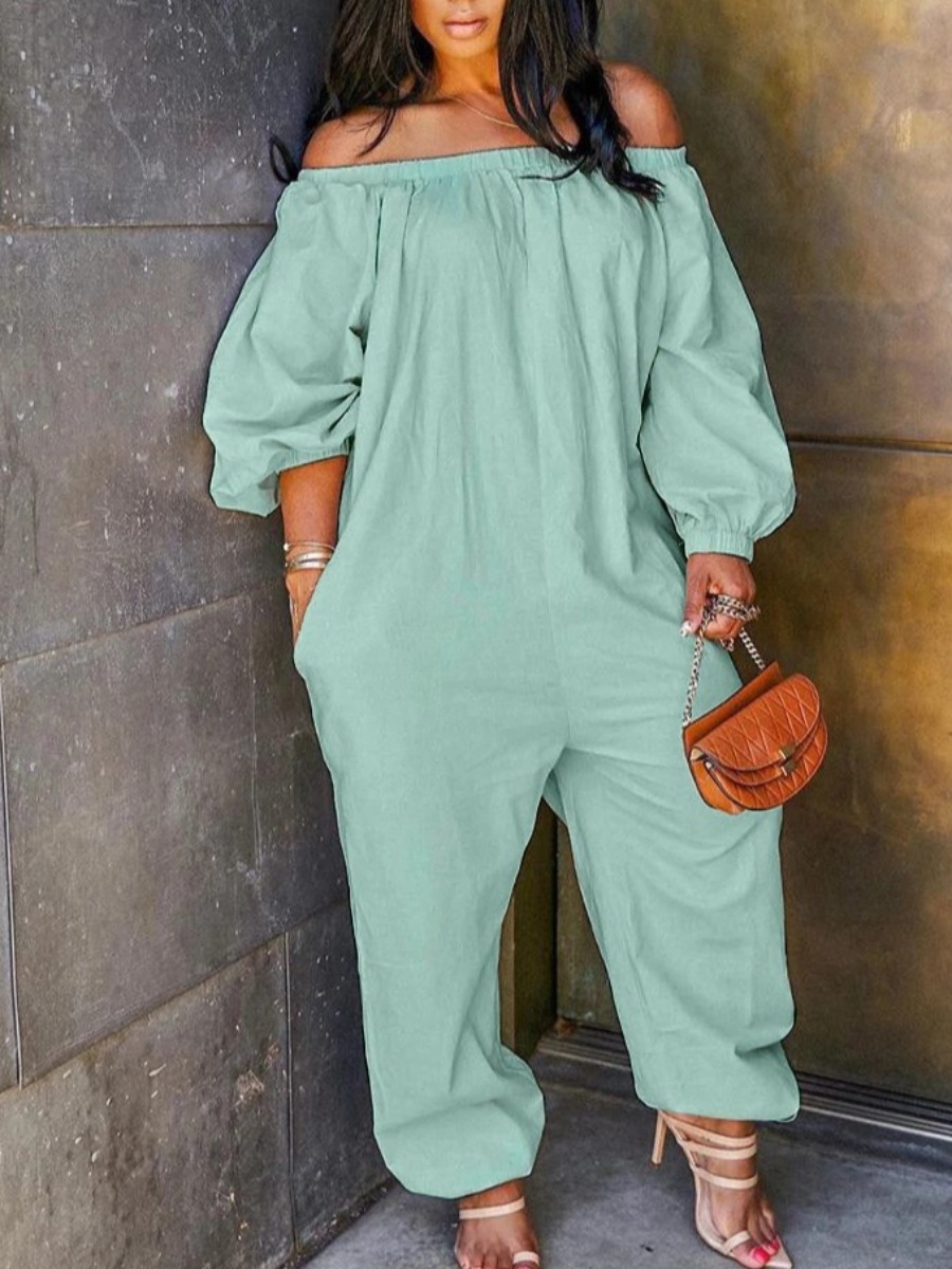 

LW Plus Size Off The Shoulder Pocket Loose Jumpsuit, Green