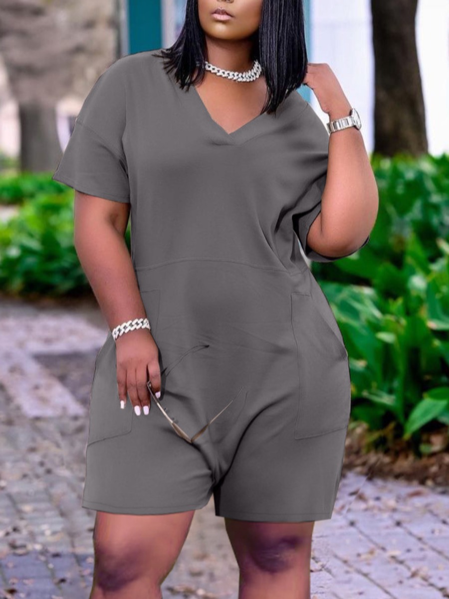 

Lovely Plus Size Casual V Neck Pocket Design Grey One-piece Romper