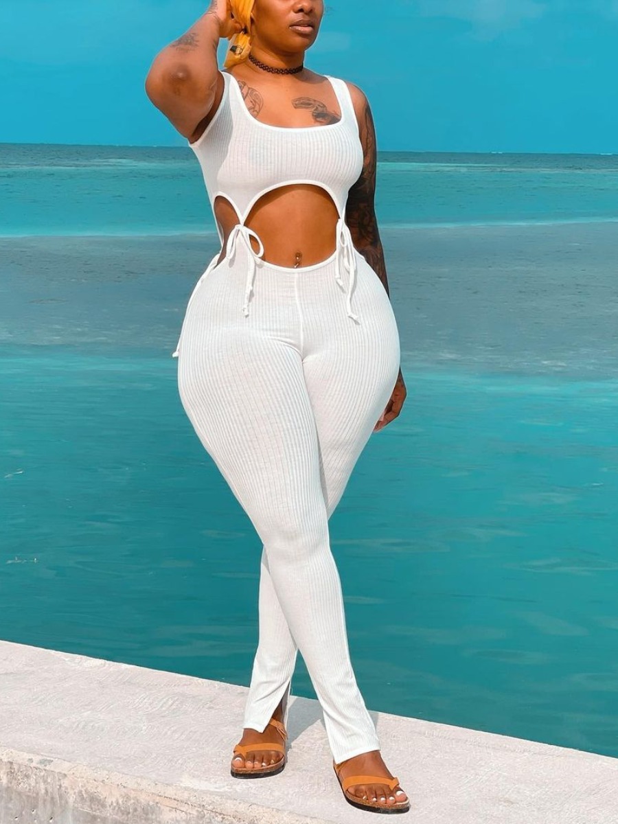 

Lovely Casual Bandage Hollow-out Design White One-piece Jumpsuit