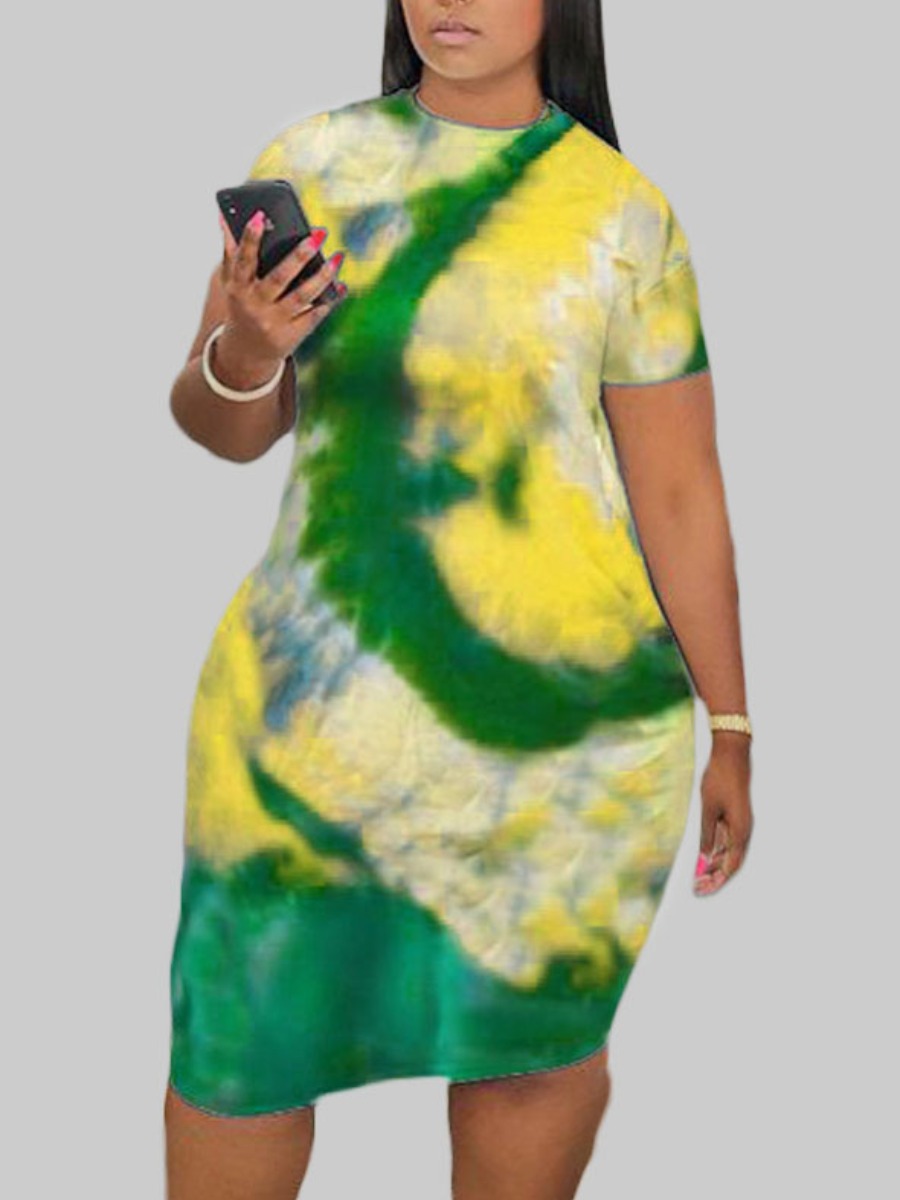 

Lovely Plus Size Leisure O Neck Tie-dye Yellow Knee Length Dress