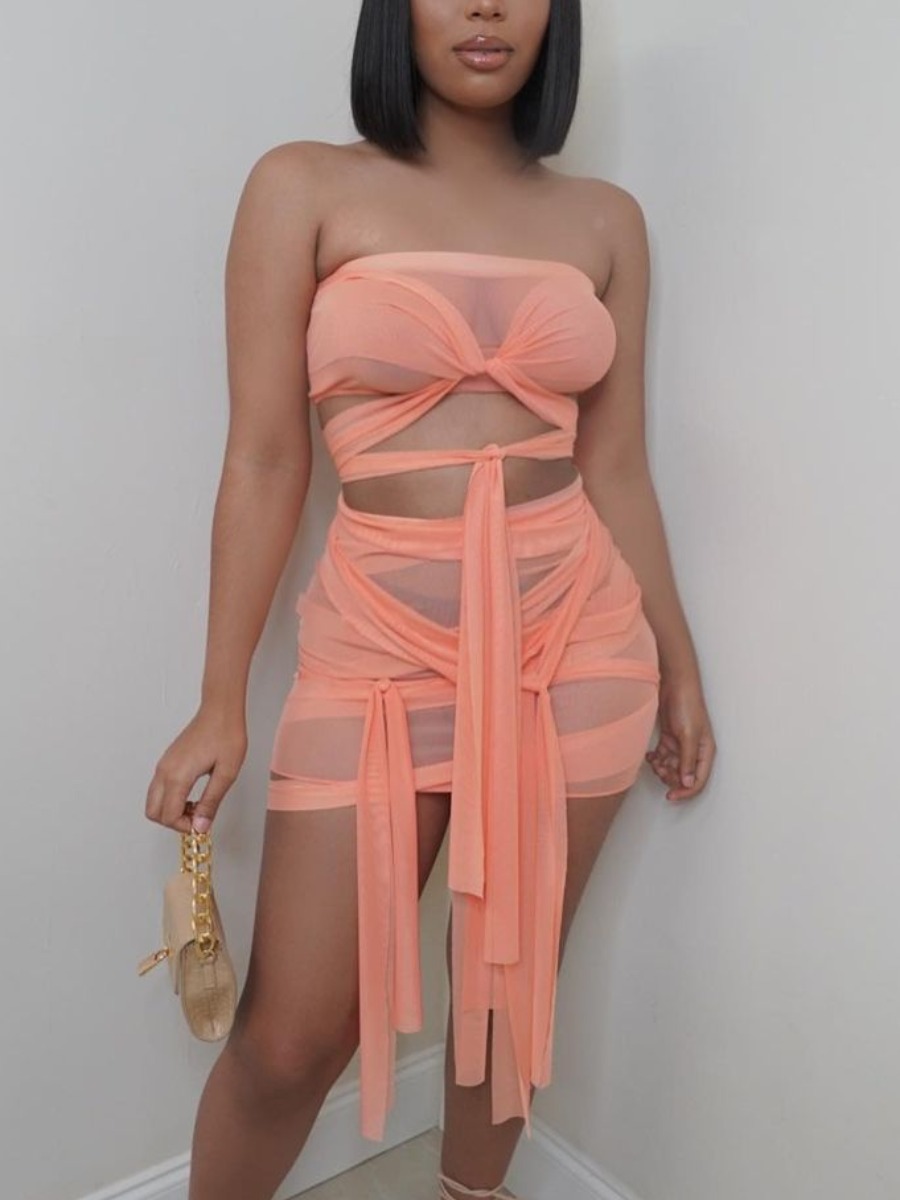 

Lovely Sexy Off The Shoulder Bandage Design Pink Two Piece Shorts Set