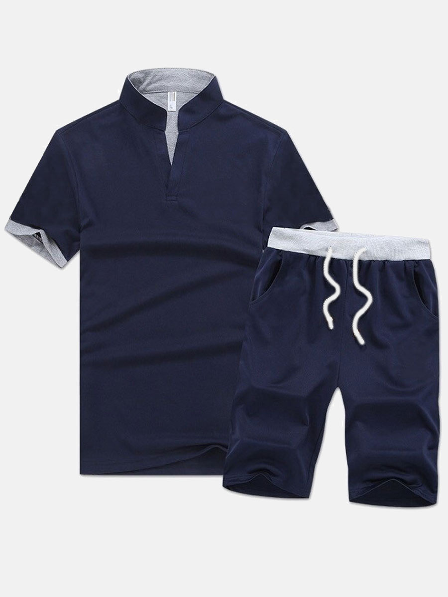 

Lovely Men Sporty Mandarin Collar Drawstring Deep Blue Two Piece Shorts Set