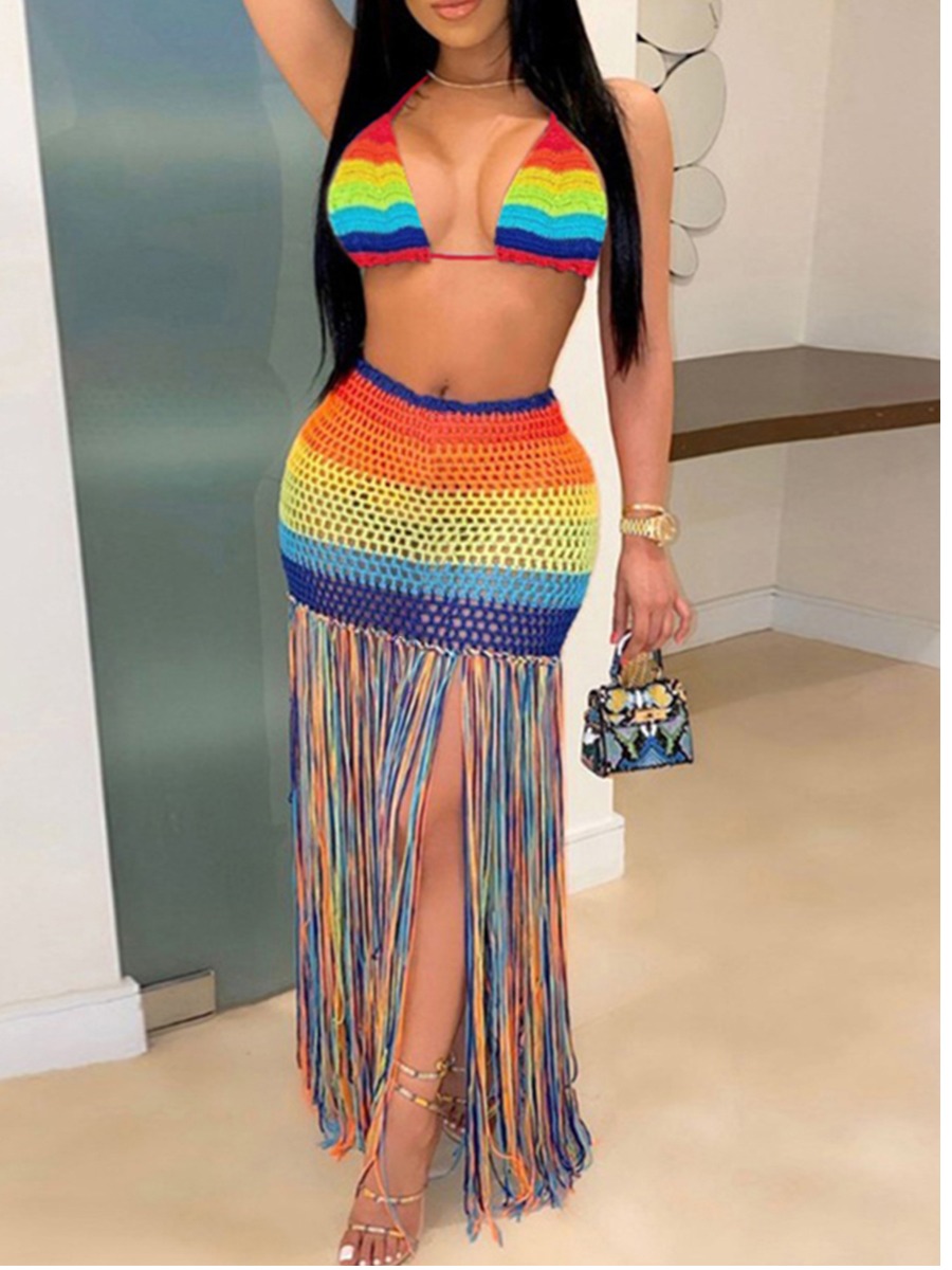 

LW COTTON Tassel Design Multicolor Two-piece Swimsuit, Multi