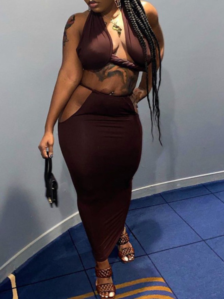 

Lovely Sexy Backless Bandage Design Coffee Two Piece Skirt Set