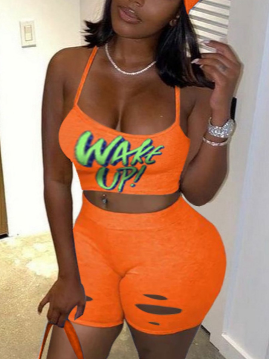 

Lovely Street Letter Print Ripped Croci Two Piece Shorts Set